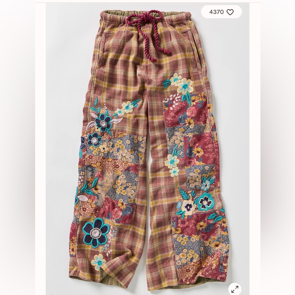 Free People Brooks Embroidered Wide-Leg Patchwork Pants Green Combo - Picture 2 of 15